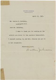 1925 Walter Johnson Signed Typed Letter Dated 4/22/1925 On Personal Stationery With Game Ticket (JSA)